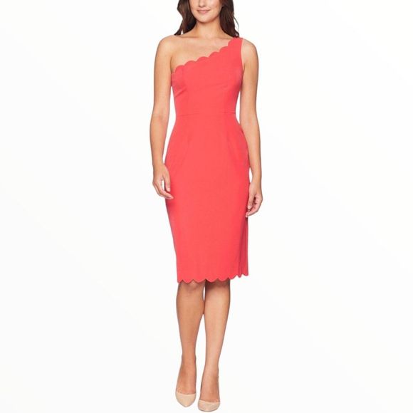 Maggy London Bright Coral Hot Pink Scallop Trim One Shoulder Sheath Dress size 8 - Picture 1 of 13
